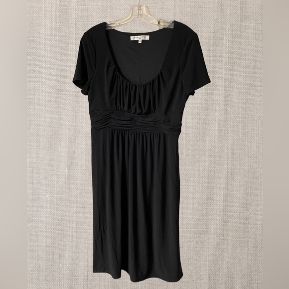 Evan Picone Black Dress Gathered Waist Scoop Neck Short Sleeve Size 14 spandex - Picture 2 of 14